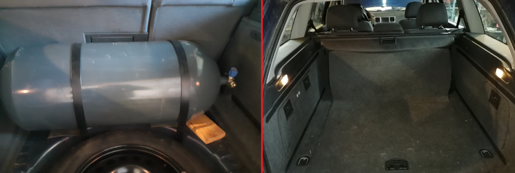 Kuvassa vasemmalla näkyy farmariautoon asennettu teräksinen kaasusäiliö. Oikealla sama takakontti "läppä" ylös nostettuna, jolloin kaasusäiliö pysyy piilossa. Tilaa jää vielä kohtalaisesti esimerkiksi ostoksille tai lastenvaunuille. Kaasusäiliöissä on myös vararenkaan tilaan asennettavia malleja, mutta tällöin vararenkaasta joutuu luopumaan tai laittamaan sen jonnekin muualle.