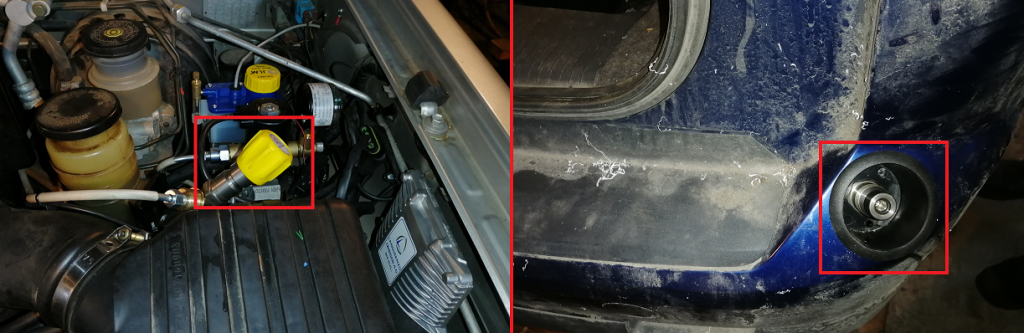 Kuvassa vasemmalla tankkausventtiili on sijoitettu moottoritilaan ja oikealla takapuskuriin. Kummassakaan vaihtoehdossa ei ole tehty reikää peltiosiin, mikä helpottaa auton palauttamista konvertoimattomaan tilaan, jos joku joskus haluaisi niin tehdä.